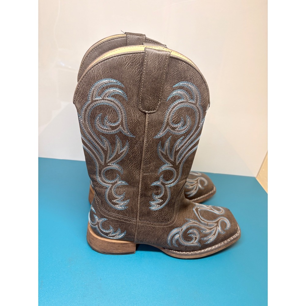 Roper Riley Womens 8.5 Brown Blue Embroidered Wide Square Toe Western Boots